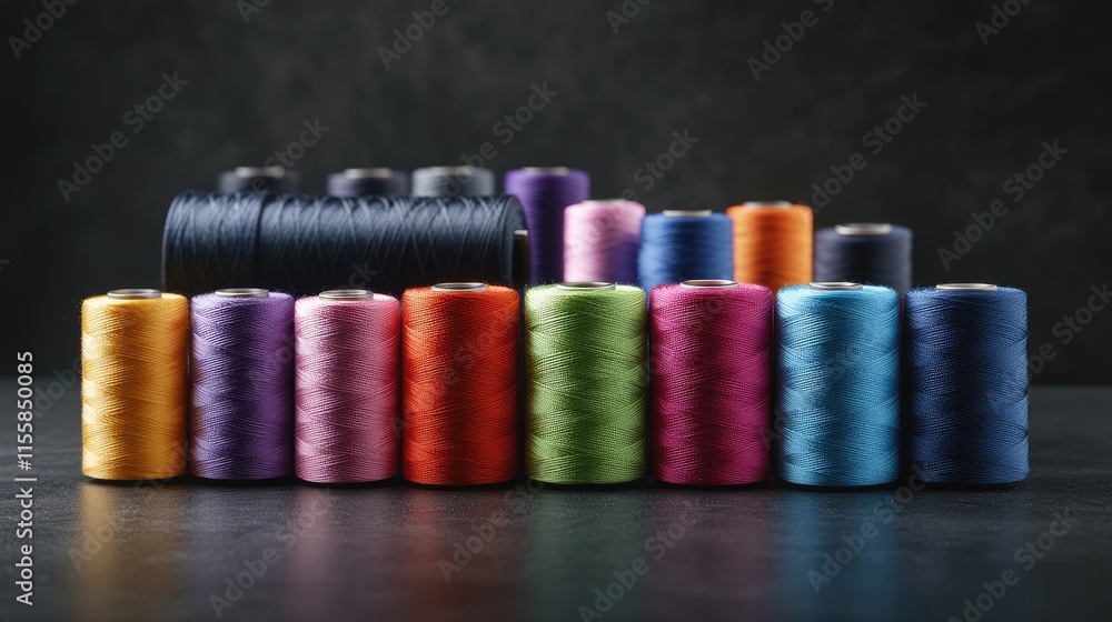 Poster assorted vibrant threads arranged on a dark background surrounded by sewing tools showcasing thread 