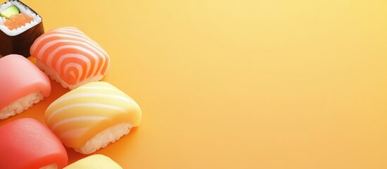 Colorful 3D sushi illustration on vibrant background with empty space for culinary text or branding in food and beverage designs