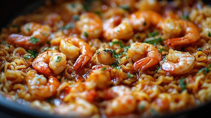Close-up of spicy shrimp and noodles.