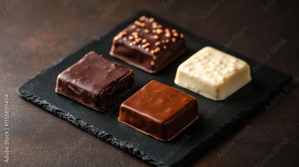 Poster assorted gourmet chocolates arranged on a dark slate background showcasing rich textures and appeali