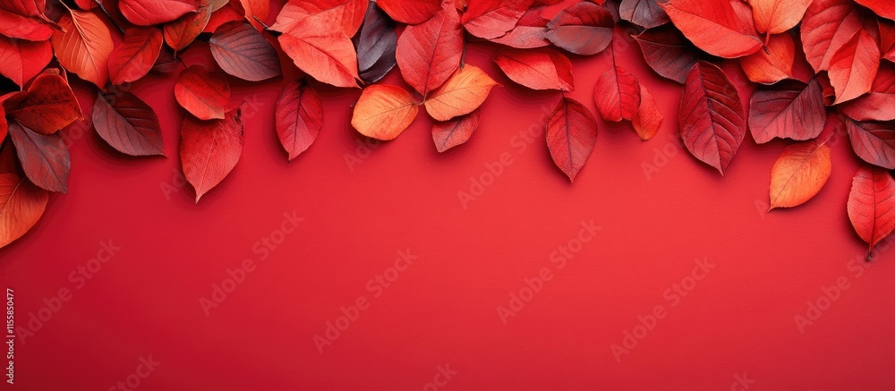 Poster vibrant autumn leaves against deep red background with ample copy space for text and design elements