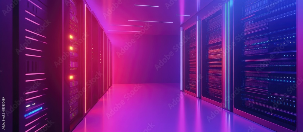 Poster 3d illustration of a modern data center interior with colorful lighting showcasing server racks and 