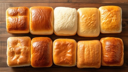 Freshly Baked Assorted White Bread Loaves on Wooden Table Top View with Copy Space for Culinary, Bakery or Food Promotion Themes