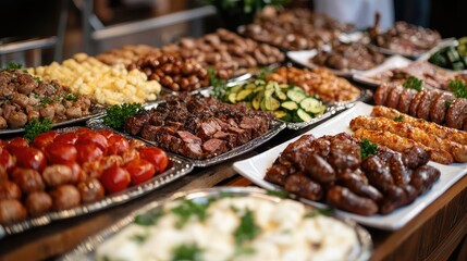 Obraz premium Beautifully arranged platter of assorted gourmet meats and sausages with fresh vegetables and garnishes for a feast or banquet setting.