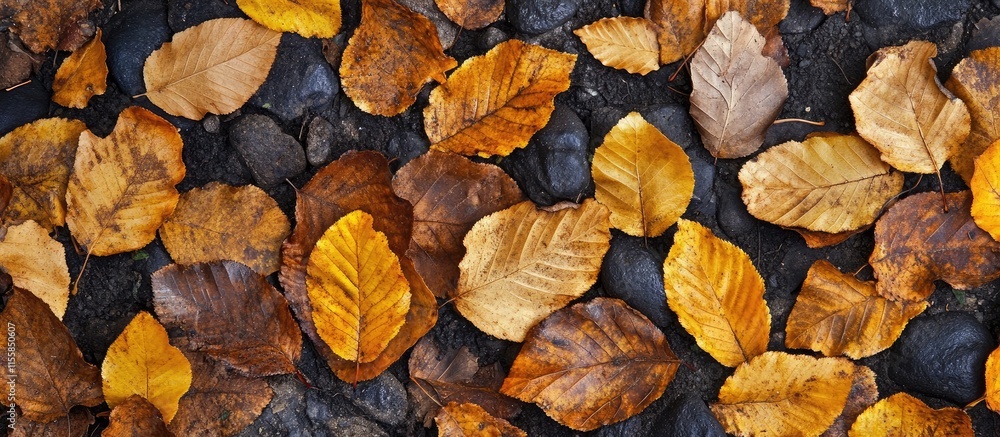 Poster autumn leaves in warm hues on dark background with blank area for custom text and design elements