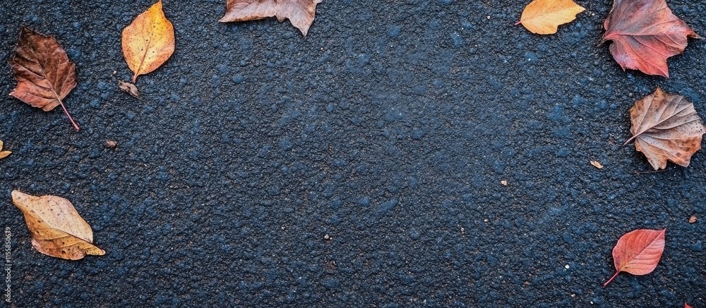 Poster autumn leaves on dark asphalt background with empty space for text or design elements