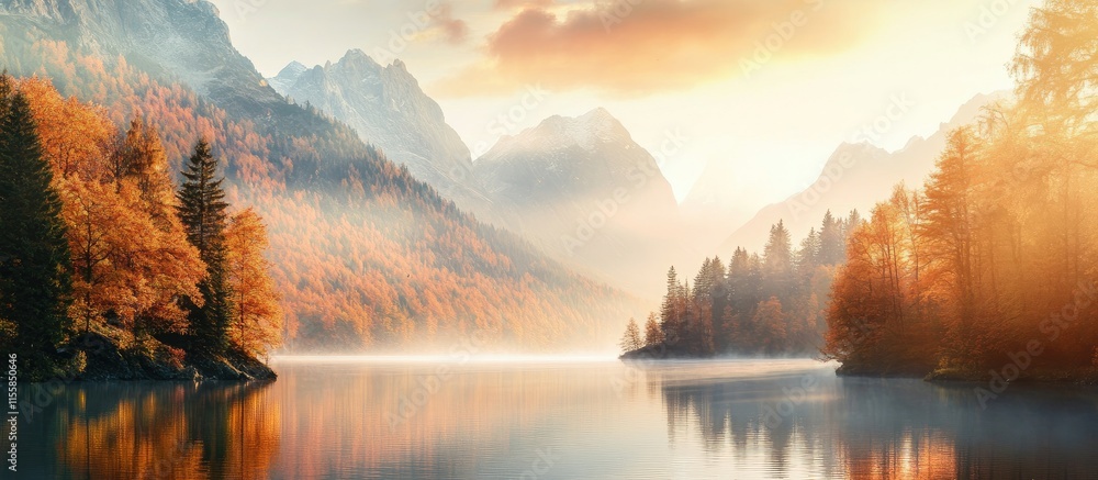 Poster serene autumn landscape with mountains reflected in tranquil lake and ample copy space for text