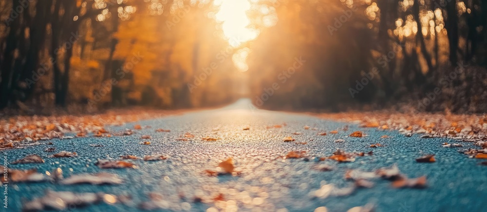Aufkleber serene autumn forest path illuminated by warm sunset light featuring colorful fallen leaves and ampl