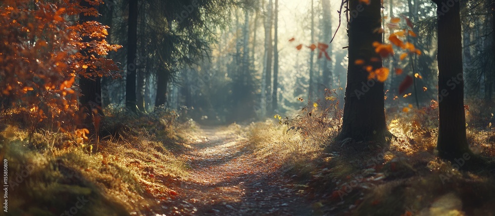 Poster serene autumn forest path illuminated by sunlight with colorful leaves and ample space for overlay t