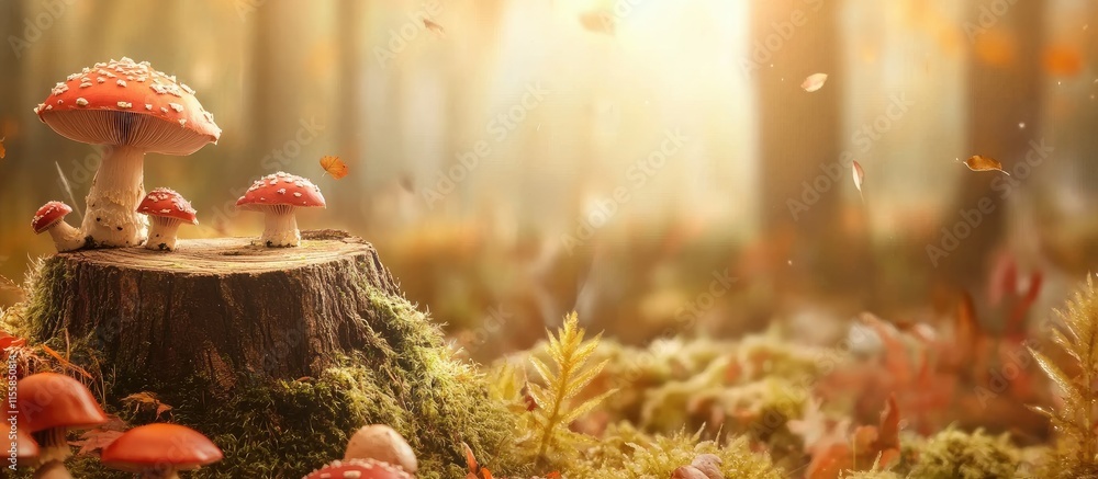 Poster autumn forest landscape with cut tree trunk adorned with mushrooms and moss creating a serene ambian