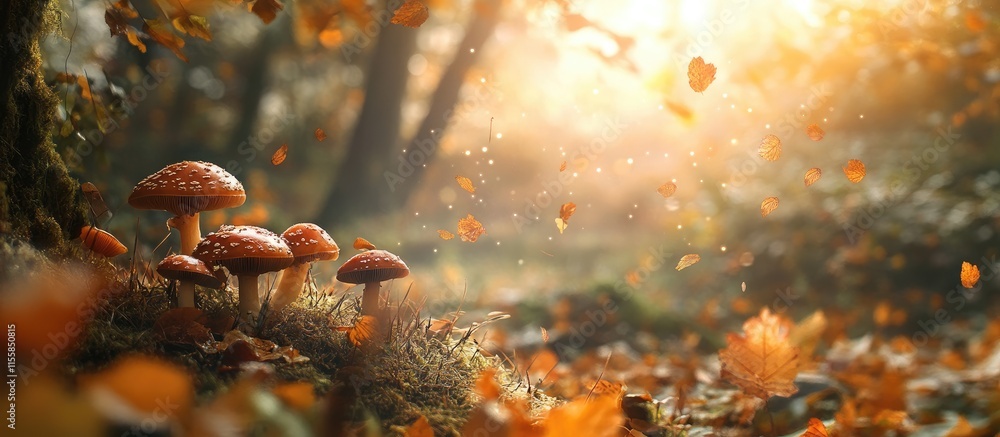 Poster magical autumn forest scene with backlit mushrooms and golden leaves creating a serene atmosphere an