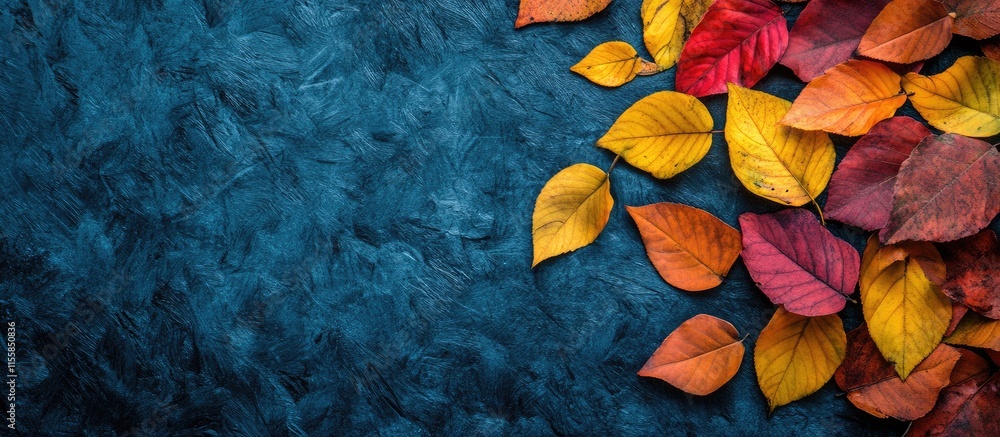 Poster autumn leaves arrangement on textured blue background creating a perfect space for adding text or de
