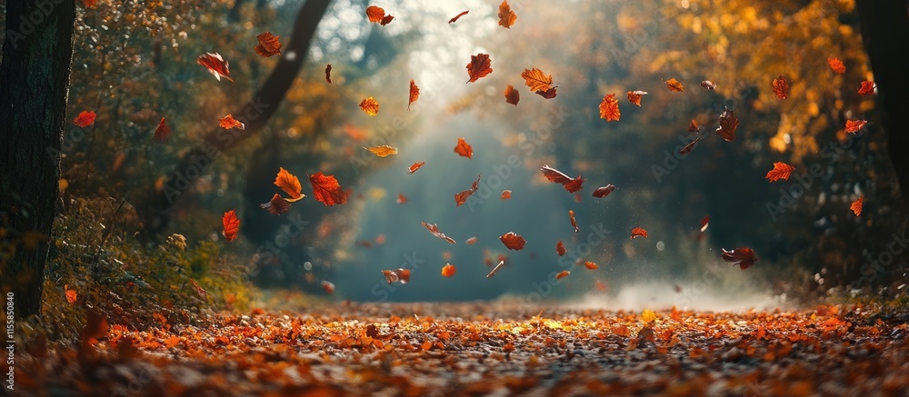 Poster autumn forest scene with vibrant falling leaves and soft light creating empty space for text or bran