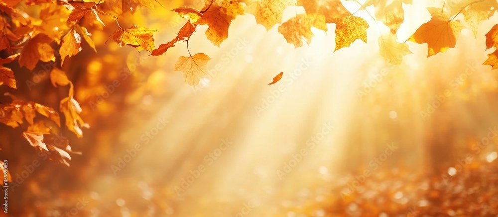 Poster golden autumn forest illuminated by soft sunlight streaming through vibrant beech leaves with ample 