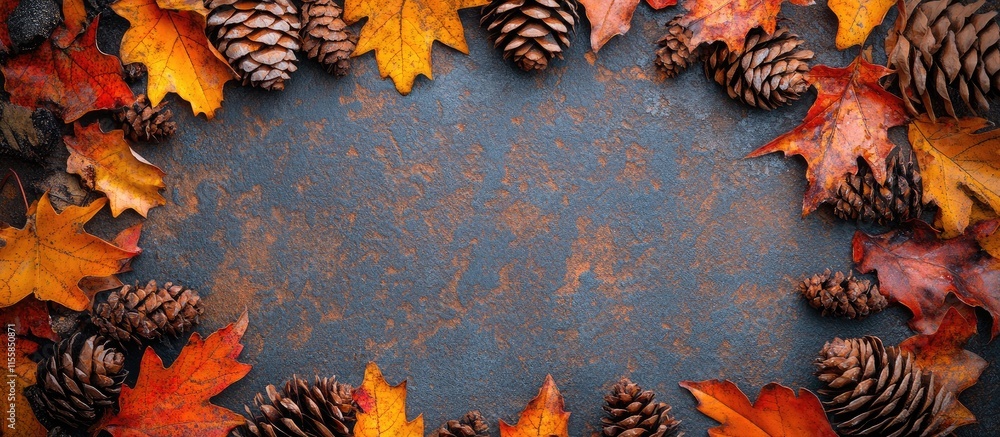 Poster autumn seasonal frame with colorful leaves and pine cones on textured background ideal for inserting