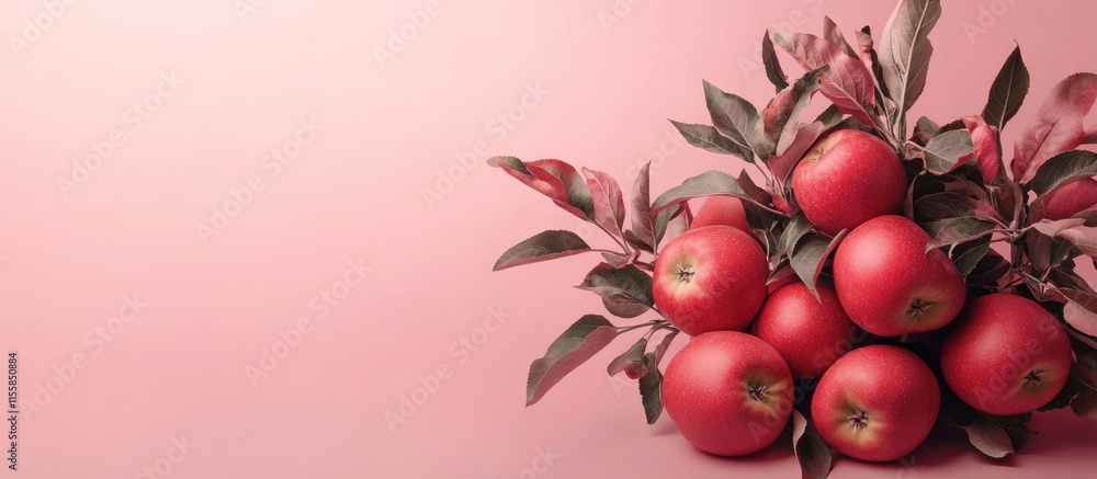 Poster autumn harvest backdrop featuring a cluster of red apples with green leaves on a soft pink backgroun