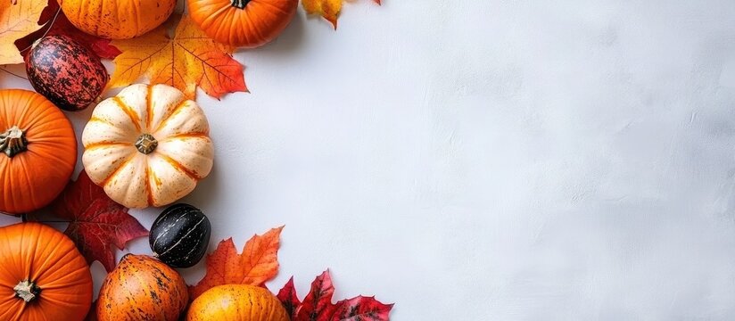 Autumn themed frame with vibrant leaves and pumpkins creating an elegant space for text or seasonal messages.