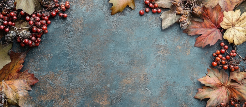 Poster autumn leaves and berries on textured tabletop with empty space for text or design elements in seaso