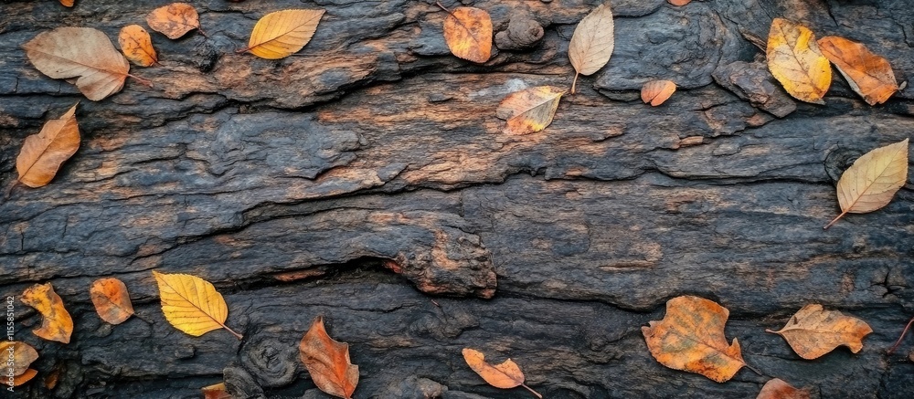Poster autumn leaves scattered on rustic wood surface creating a natural frame with empty space for text or