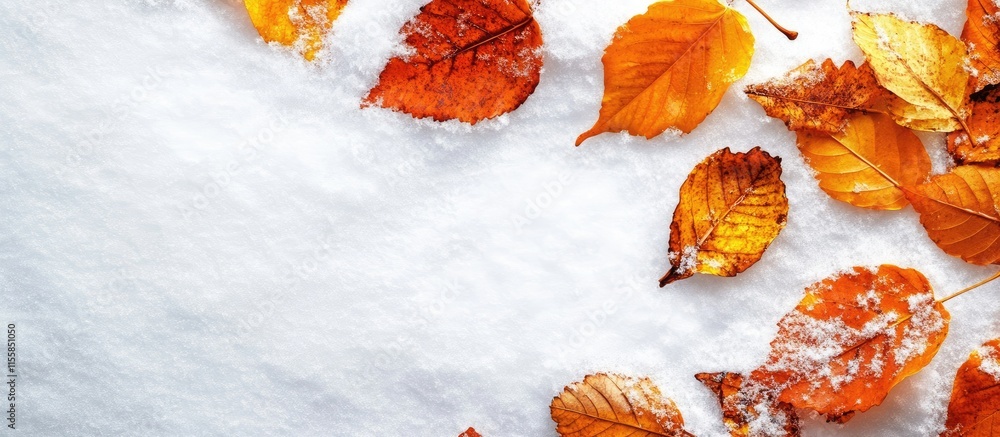 Poster autumn leaves scattered on fresh snow creating a serene seasonal backdrop with space for additional 