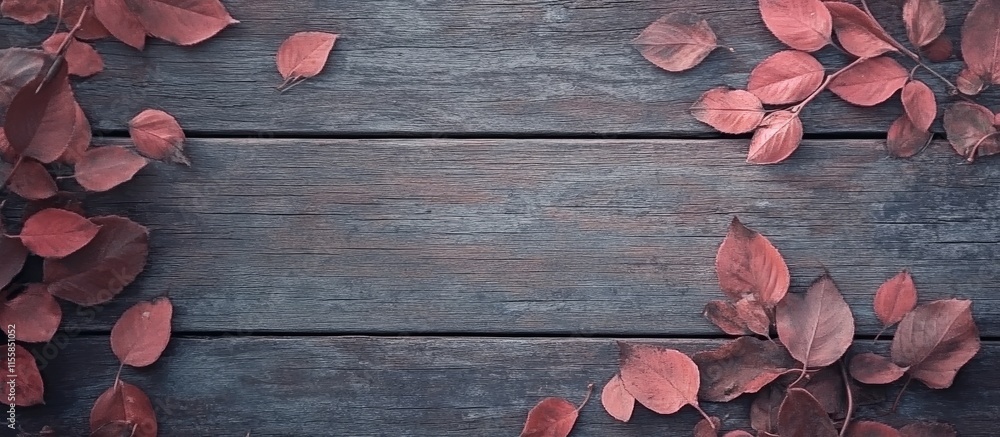 Aufkleber autumn leaves arranged on rustic wooden tabletop creating an inviting background with space for pers