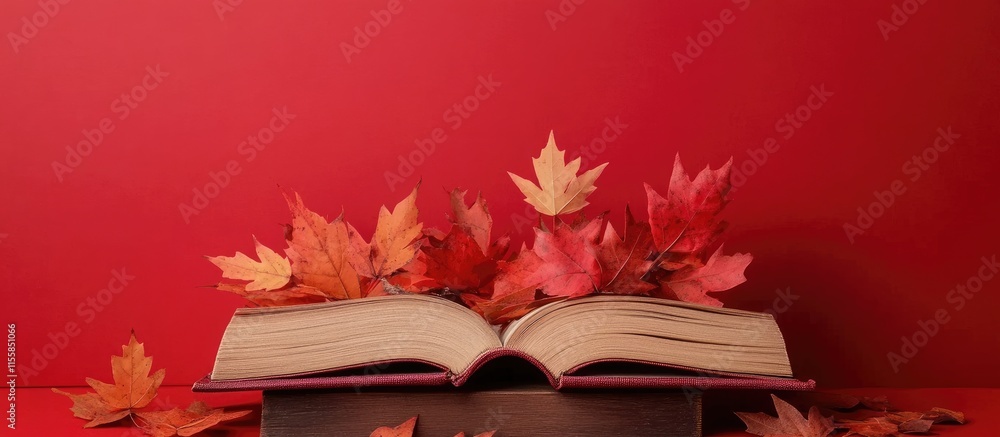 Poster autumn leaves surrounding an open book on a vibrant red background with ample space for text and cre