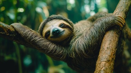 Fototapeta premium Sloth resting on a branch in a vibrant tropical rainforest during daylight hours