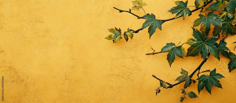 Poster autumn panorama showcasing green and yellow maple leaves on a golden background with ample empty spa