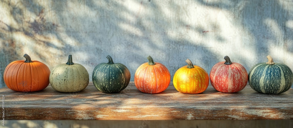 Poster rustic wooden table adorned with assorted autumn pumpkins highlighting seasonal dã©cor with ample sp