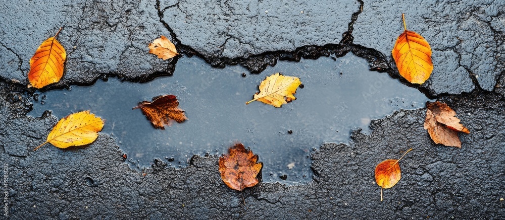Poster autumn puddle with fallen leaves showcasing reflections and textured surface providing ample space f