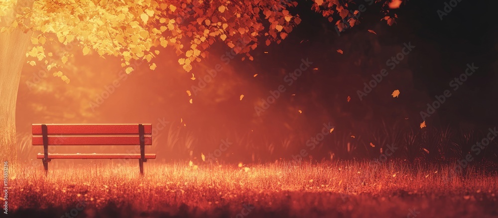 Aufkleber autumn park scene featuring vibrant yellow leaves and a warm red light creating a tranquil atmospher