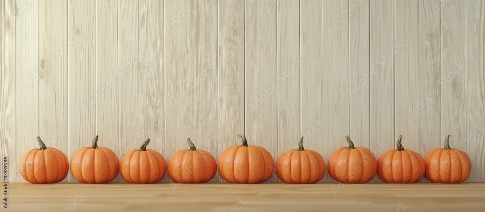 Poster autumn pumpkins arranged on a wooden background with colorful leaves and ample empty space for seaso