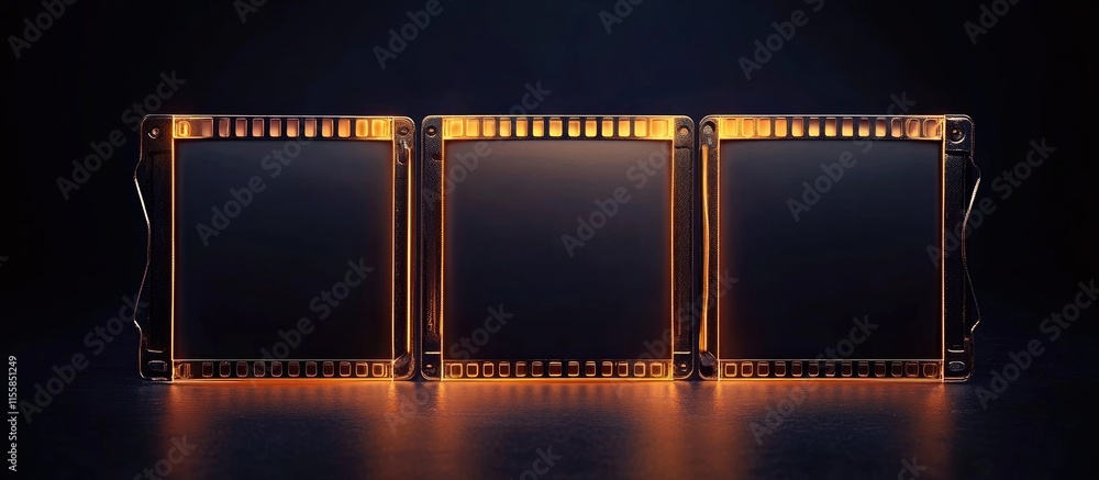 Poster empty film strip banner with three frames for text customization on dark background