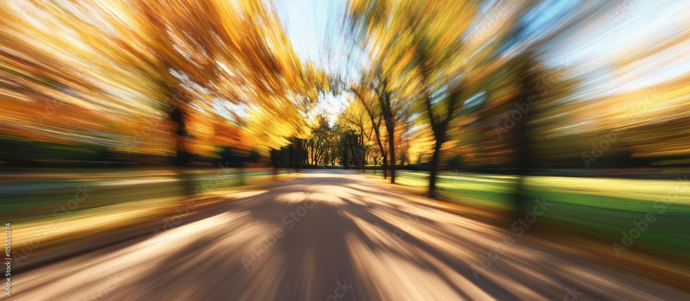 Poster autumn park with motion blur creating a vibrant backdrop featuring colorful foliage and ample space 
