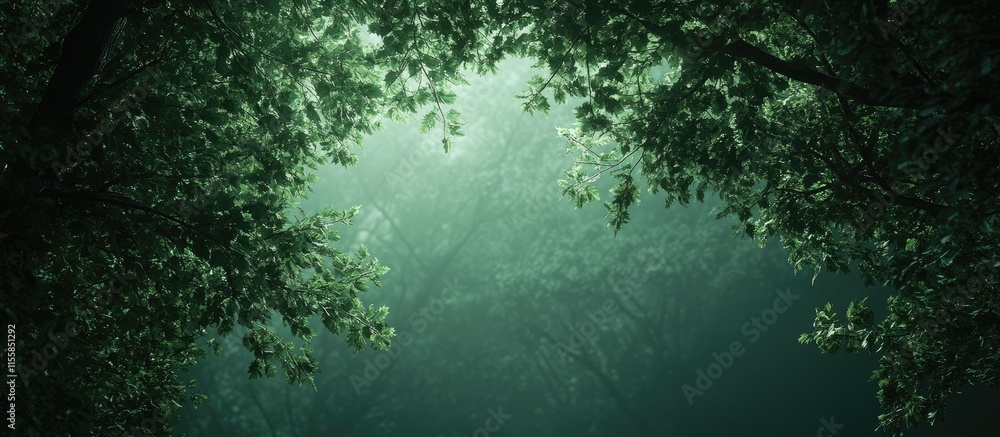 Poster lush green tree branches framing a serene light with ample empty space for text or branding opportun