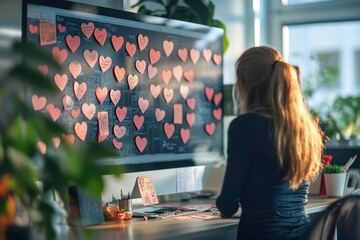 Valentine Office Decor with Heart Shaped Sticky Notes on Computer for Creative Valentine's Day Idea, love concept