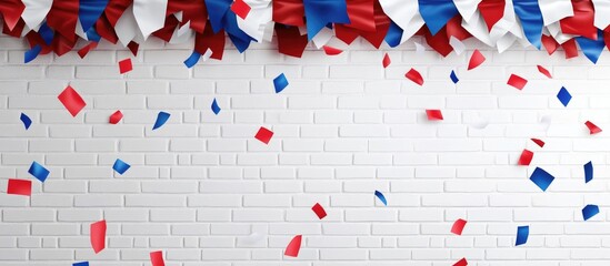 Bastille Day festive banner with red white and blue decorations and empty space for text on a textured white wall background