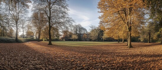 Vibrant autumn park scene with golden leaves and majestic trees creating a serene and enchanting atmosphere ideal for storytelling or text overlay