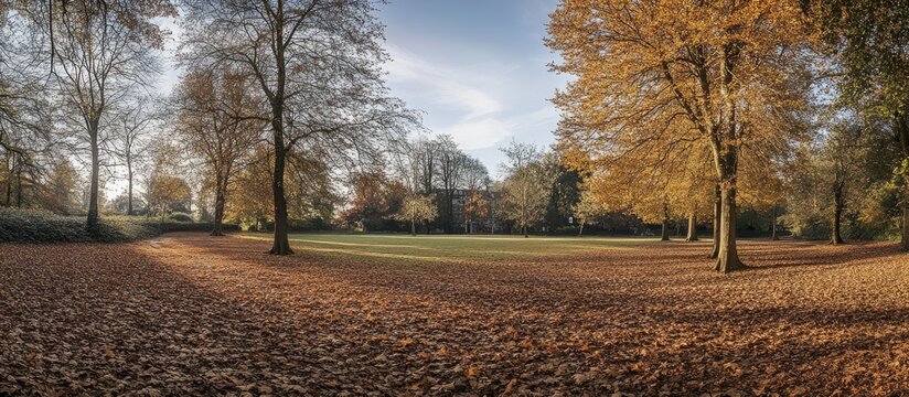 Vibrant autumn park scene with golden leaves and majestic trees creating a serene and enchanting atmosphere ideal for storytelling or text overlay