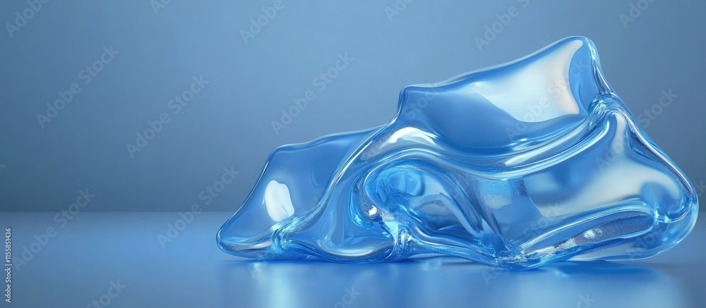 Poster 3d abstract blue glass pillow shaped fluid resin with smooth surface and ample space for text and de