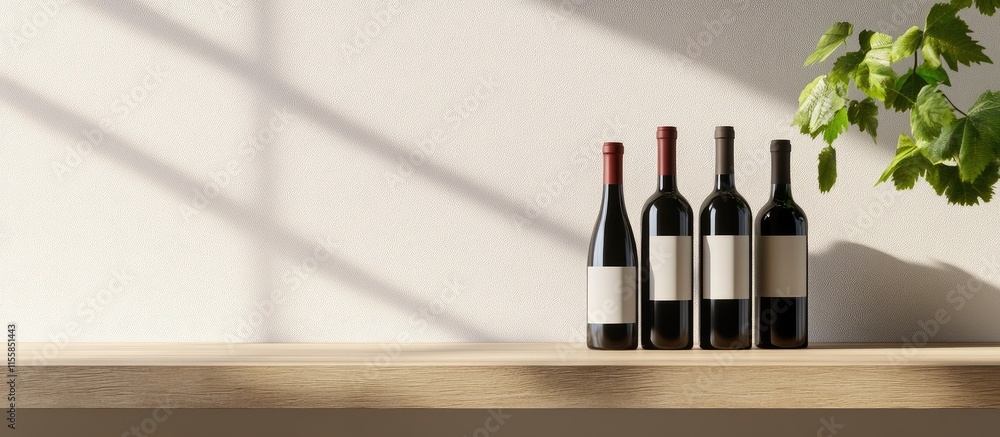 Poster elegant display of wine bottles on a minimalist shelf with ample empty space for personalized text o