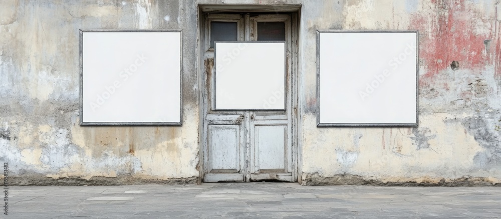 Poster banners with blank signboards on weathered wall creating empty space for advertising or messaging pu