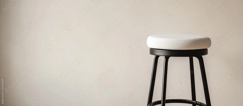 Poster modern bar stool with sleek black frame and white cushion against neutral backdrop creating ample sp