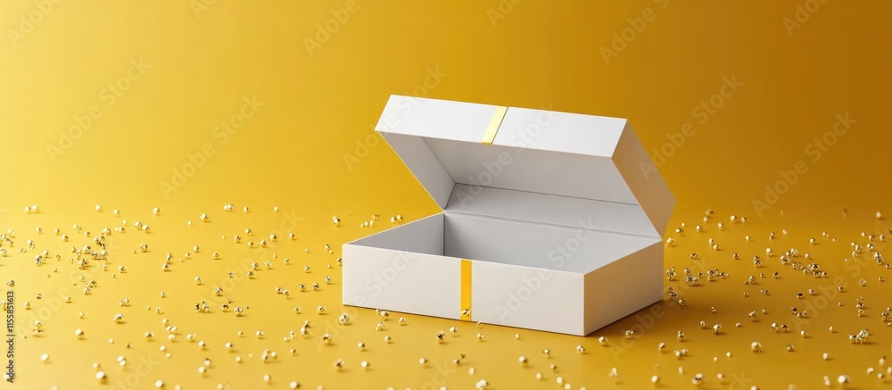 Poster 3d mockup of an open white gift box on a yellow background with scattered confetti and space for cus