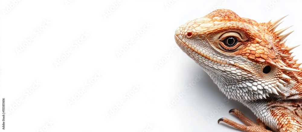 Poster close up of a barbary emperor dragon lizard against a white background with ample copyspace for text