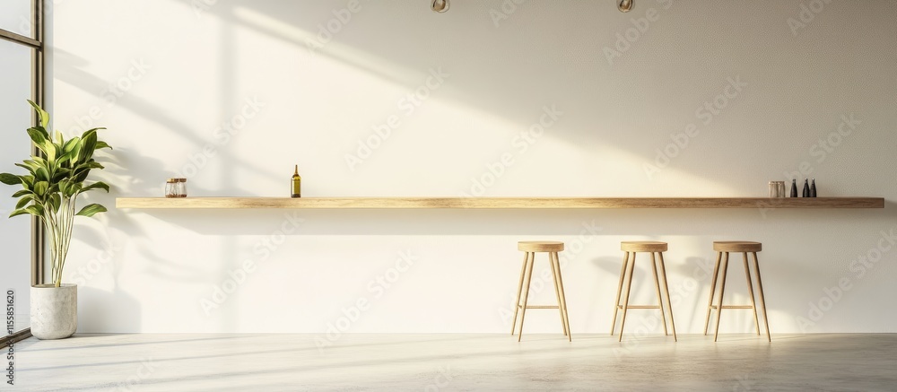 Poster modern bar counter with wooden stools in a bright minimalist room featuring large windows and ample 