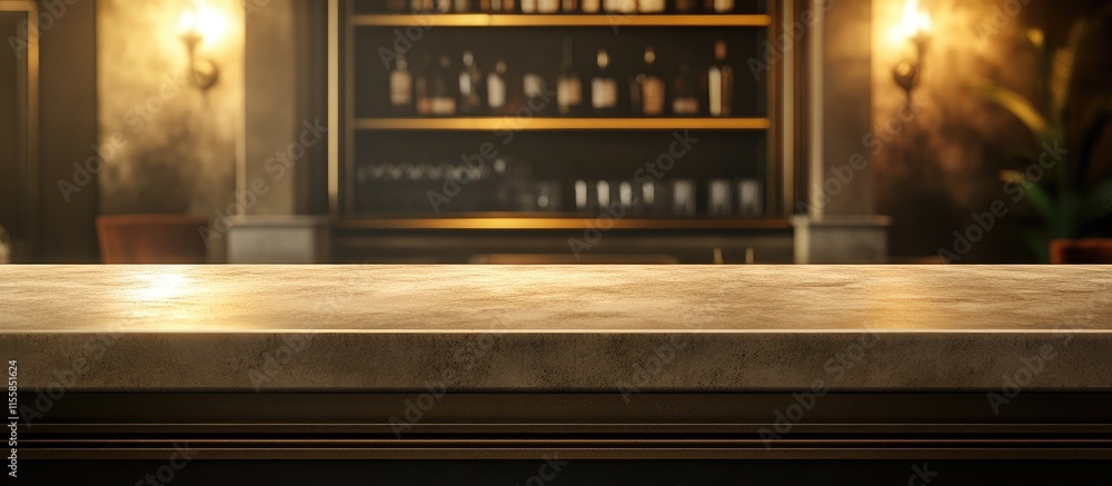 Aufkleber elegant bar counter in upscale restaurant interior with blurred figure in background and ample empty
