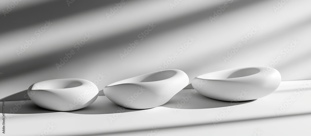 Poster minimalist 3d organic shapes with shadows in grey creating a serene atmosphere and ample copyspace f