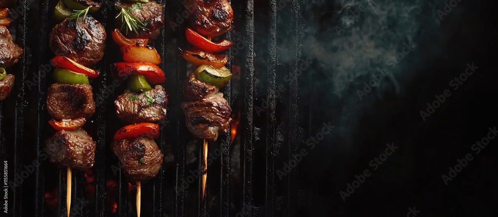 Poster grilled beef and vegetable skewers with smoke and empty space for text in dark background