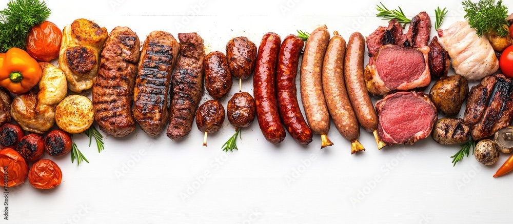 Aufkleber grilled meat and sausages display for barbecue celebration with colorful vegetables and empty space 
